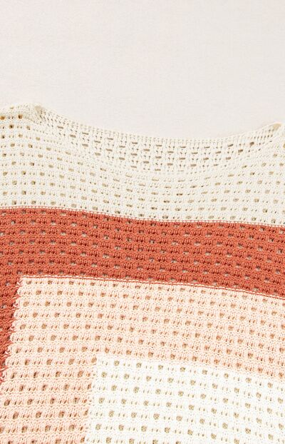 women's color block openwork knit sweater long sleeve casual top