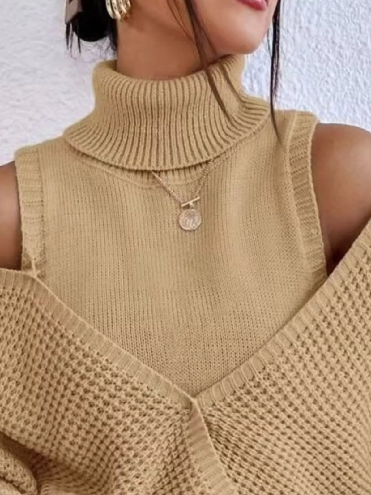 Oversized Cold Shoulder Sweater in Brown knit worn with denim jeans