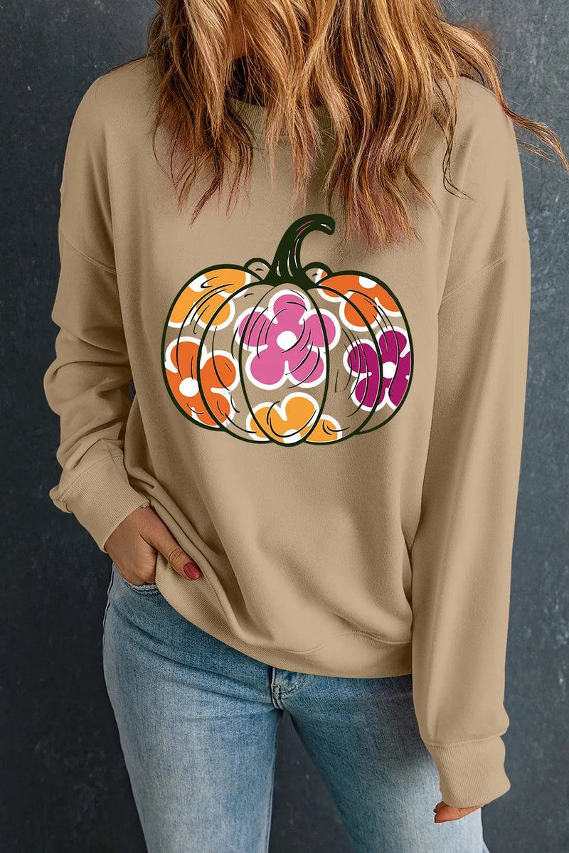 Pumpkin & Flower Graphic Long Sleeve Sweatshirt Trandify Deal