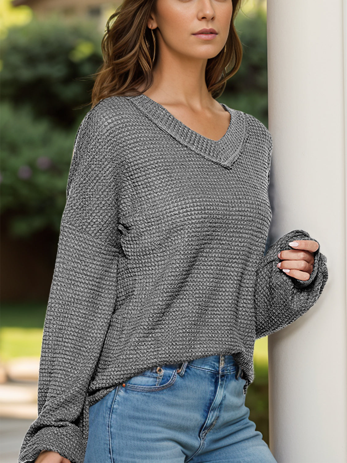 Dropped Shoulder Long Sleeve Knit Top Trandify Deal