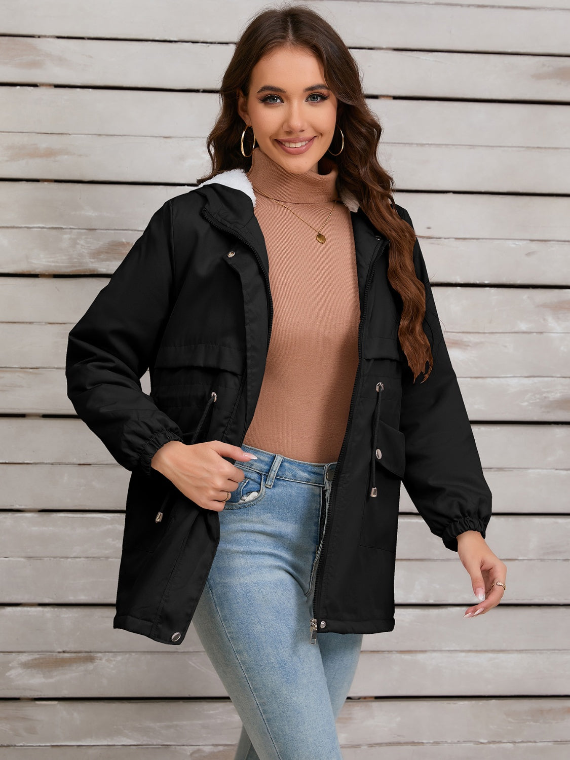 Drawstring Long Sleeve Hooded Jacket Trandify Deal