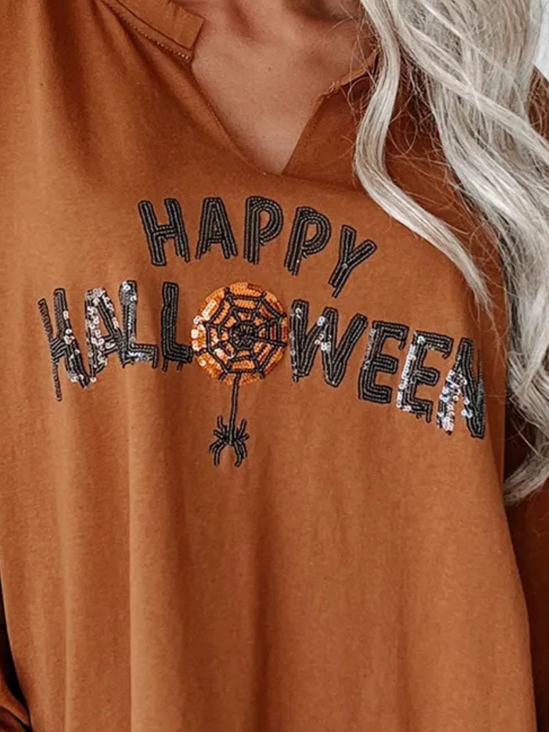 Sequin Letter Graphic Notched Long Sleeve Sweatshirt Trandify Deal