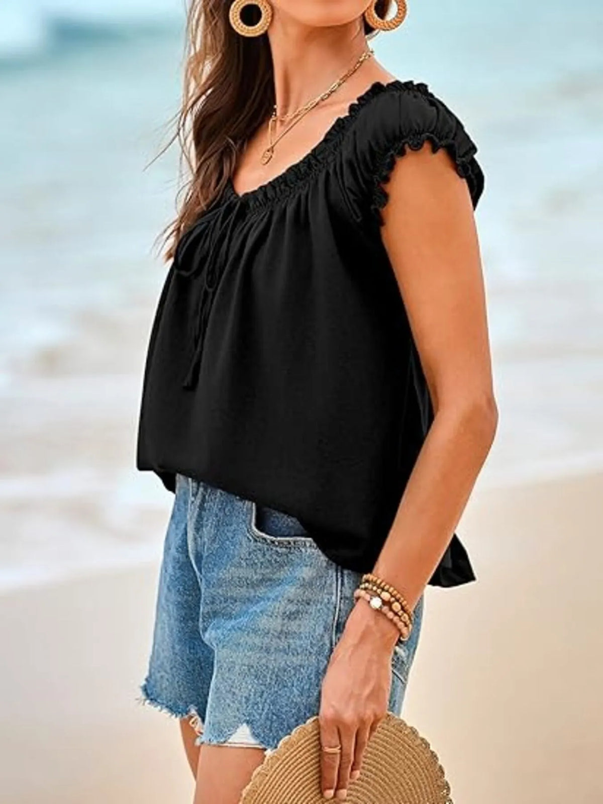 Women’s Tie-Front Smocked Blouse in Black – Boho Chic Ruffled Sleeve Top for Summer