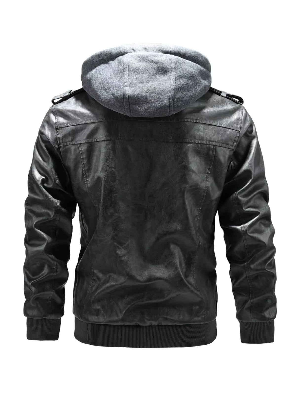 men's zip up hooded jacket in Gray, thick PU leather streetwear coat
