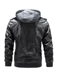 men's zip up hooded jacket in Gray, thick PU leather streetwear coat