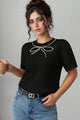 Pearl Bow Necklace Embellished Short Sleeve Knit Top