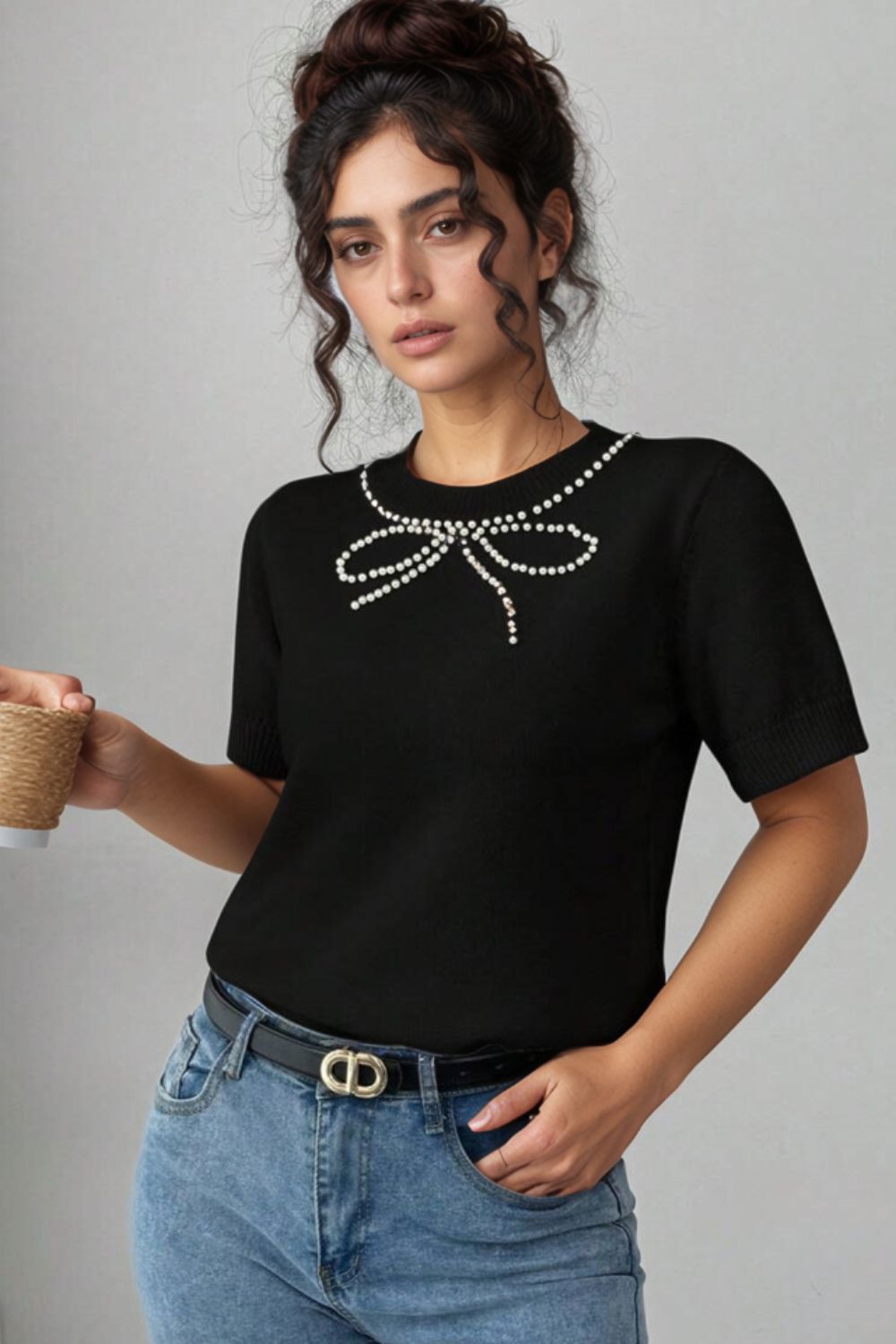 Pearl Bow Necklace Embellished Short Sleeve Knit Top