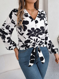 Printed V-Neck Long Sleeve Blouse Trandify deal