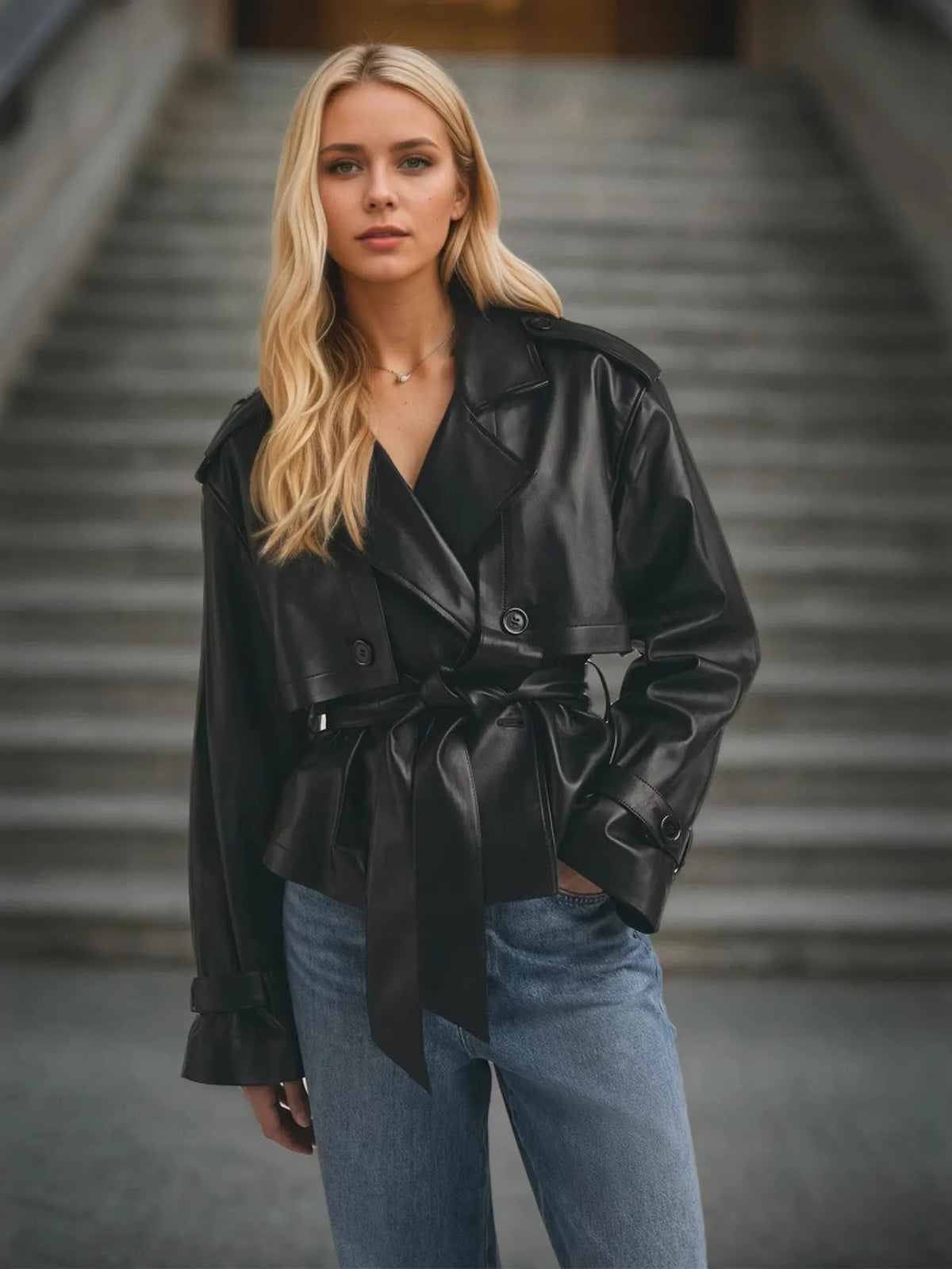 Classic Women’s Black Leather Jacket – Water-Resistant Long Trench Coat for Office Wear