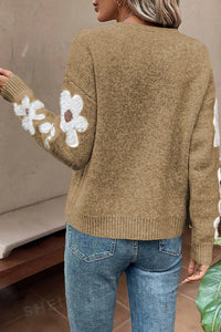 Flower Round Neck Long Sleeve Sweater Trandify Deal