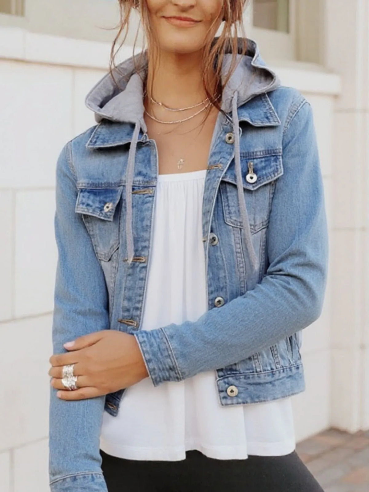 Women’s Oversized Hooded Denim Jacket – Button-Up Drawstring Waist – Plus Size Fashion