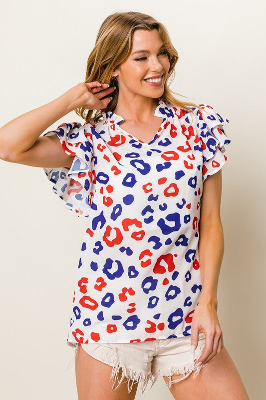 Leopard Print Ruffled Cap Sleeve Blouse - TrandifyDeal