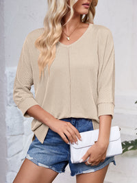 Lovelet Textured Round Neck Three-Quarter Sleeve Blouse Trandify deal