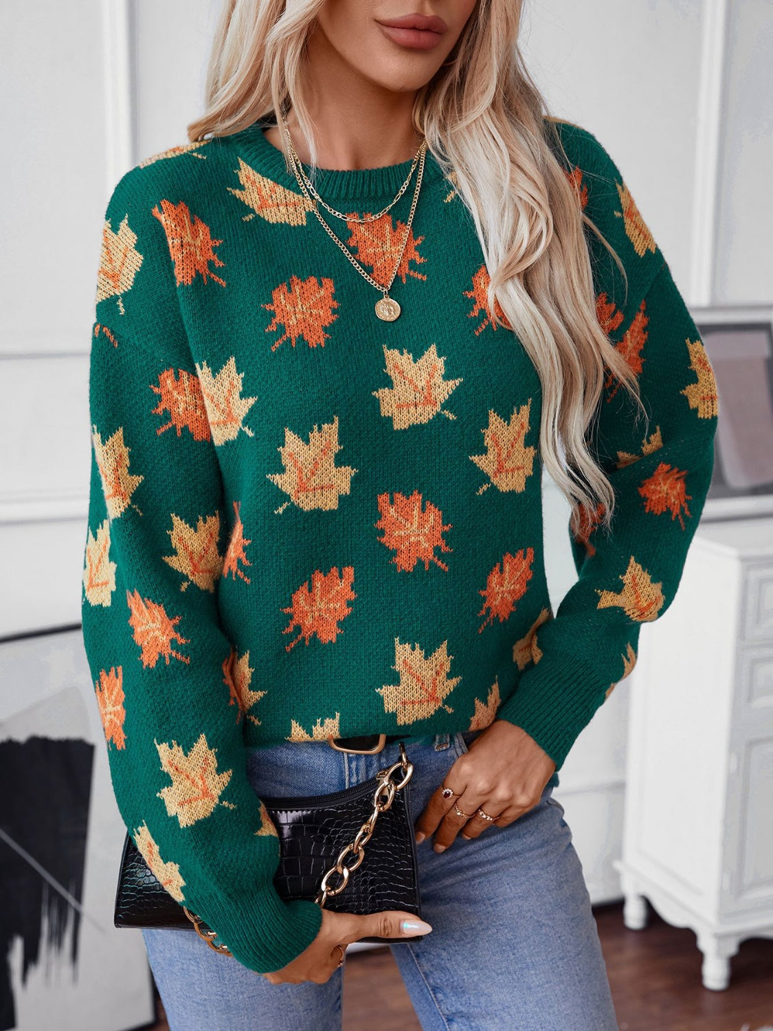 Maple Leaf Round Neck Long Sleeve Sweater Trandify Deal