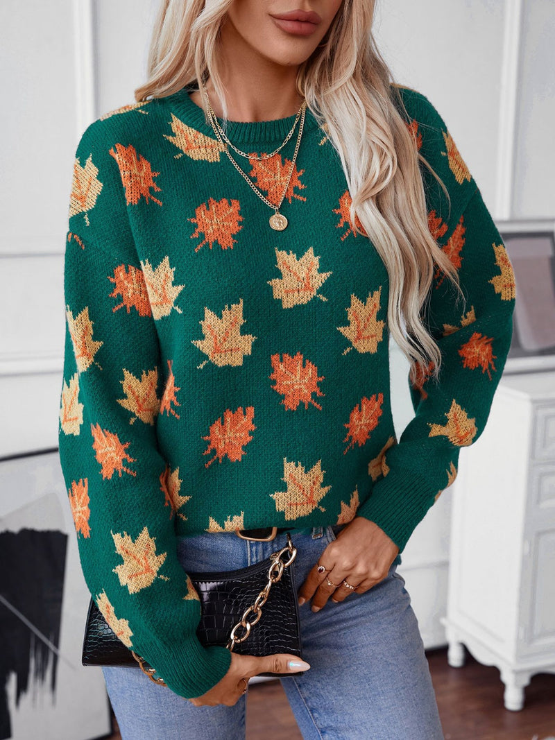 Maple Leaf Round Neck Long Sleeve Sweater Trandify Deal