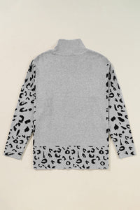 Slit Leopard Mock Neck Dropped Shoulder Sweater Trandify Deal