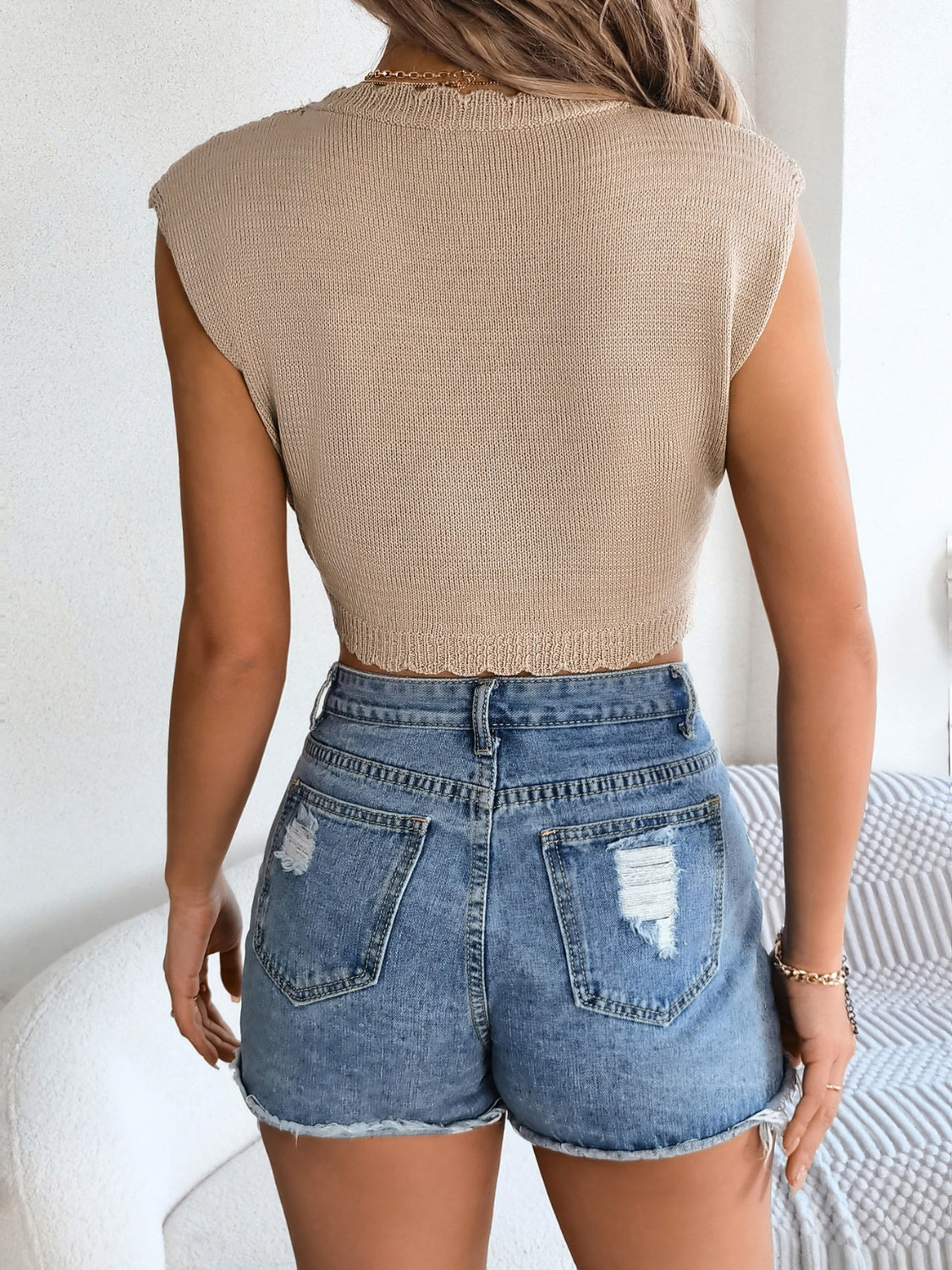 Openwork Round Neck Cap Sleeve Knit Top Trandify deal