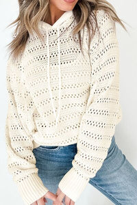 Women's lacy openwork knit hoodie with drawstring hood long sleeve sweater casual boho chic top for fall layering