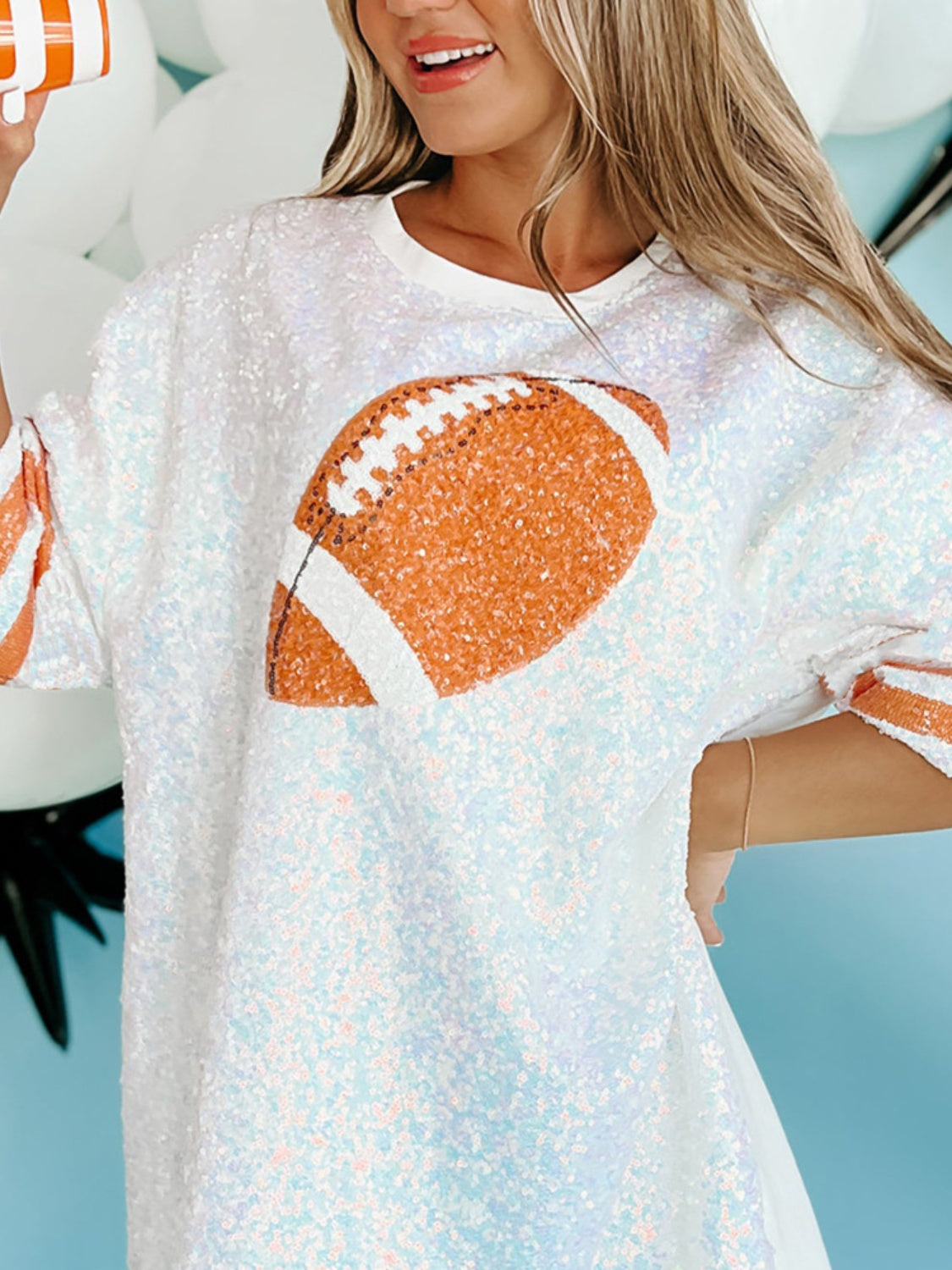 Sequin Football Round Neck Half Sleeve Oversize Top Trandify Deal