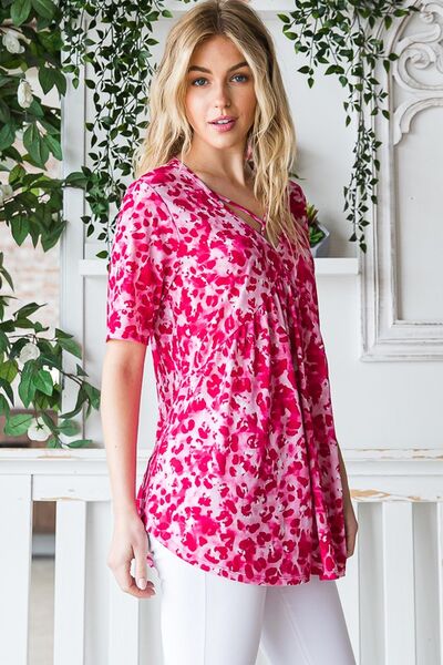 Plus Size Animal Print Babydoll Top – Crisscross Neck Short Sleeve Blouse for Women