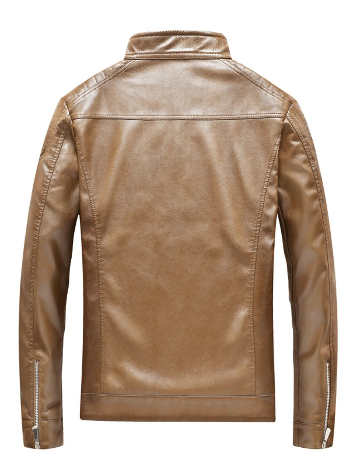 Men's Plus Size Brown PU Leather Jacket, open front zipper showing casual style