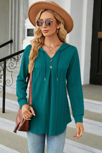 Decorative Button Drawstring Long Sleeve Hoodie Trendsi