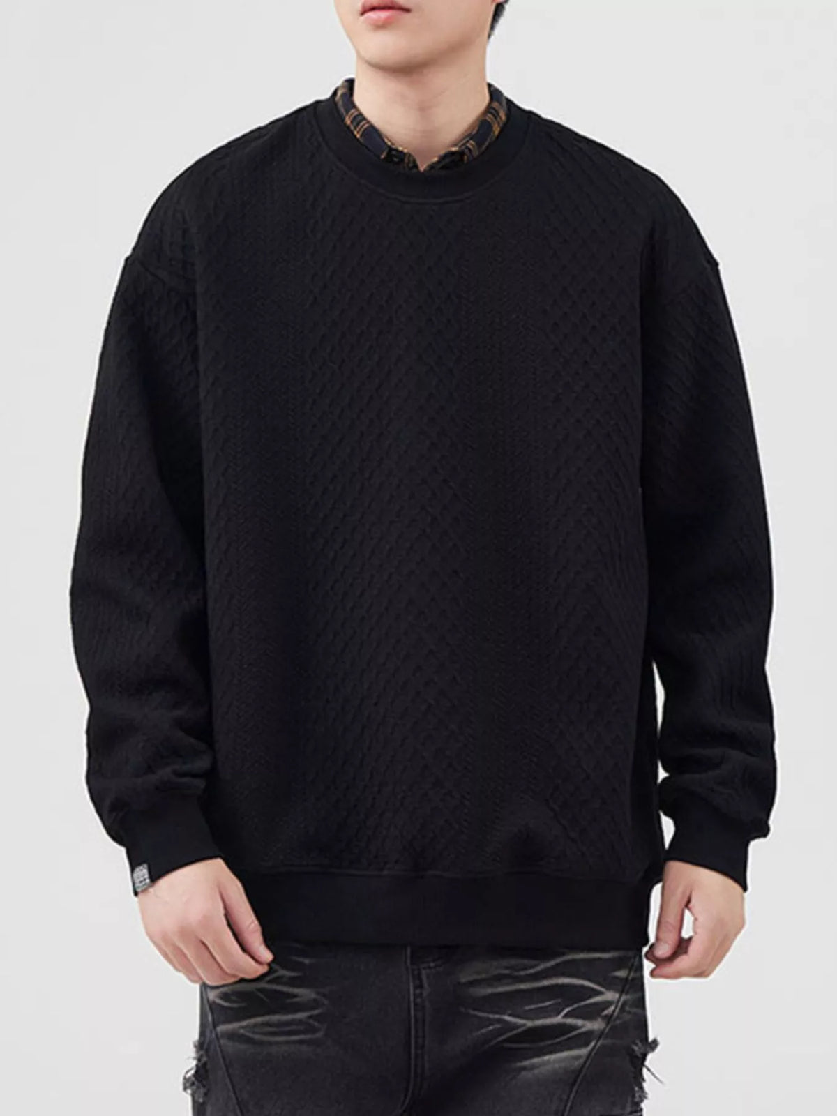 men's oversized waffle-knit sweatshirt crewneck long sleeve pullover casual style