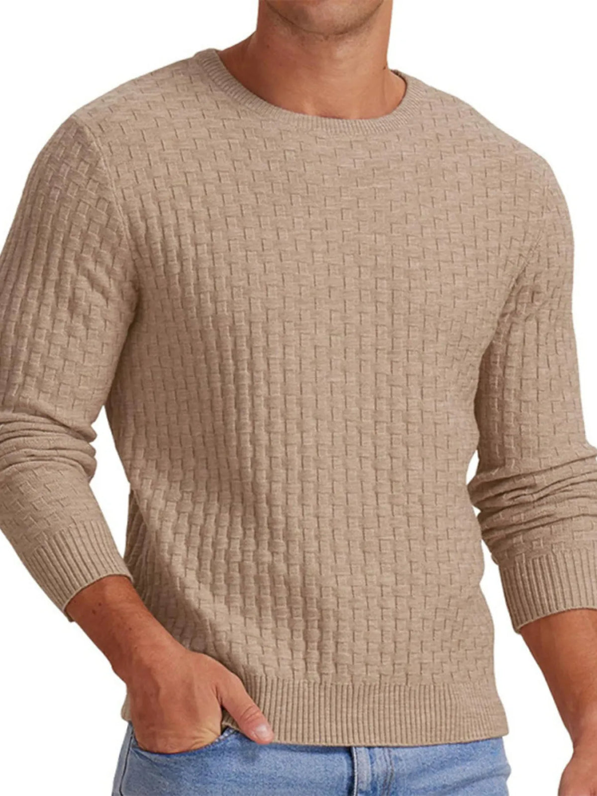 Men's Ribbed Hem Round Neck Sweater – Plus Size Casual Pullover for US Buyers
