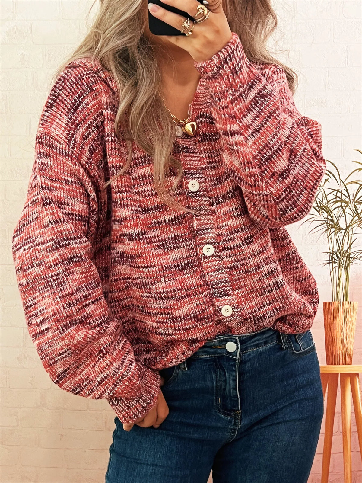 Women's Multi-Color Knit Cardigan - Button Down Long Sleeve Top