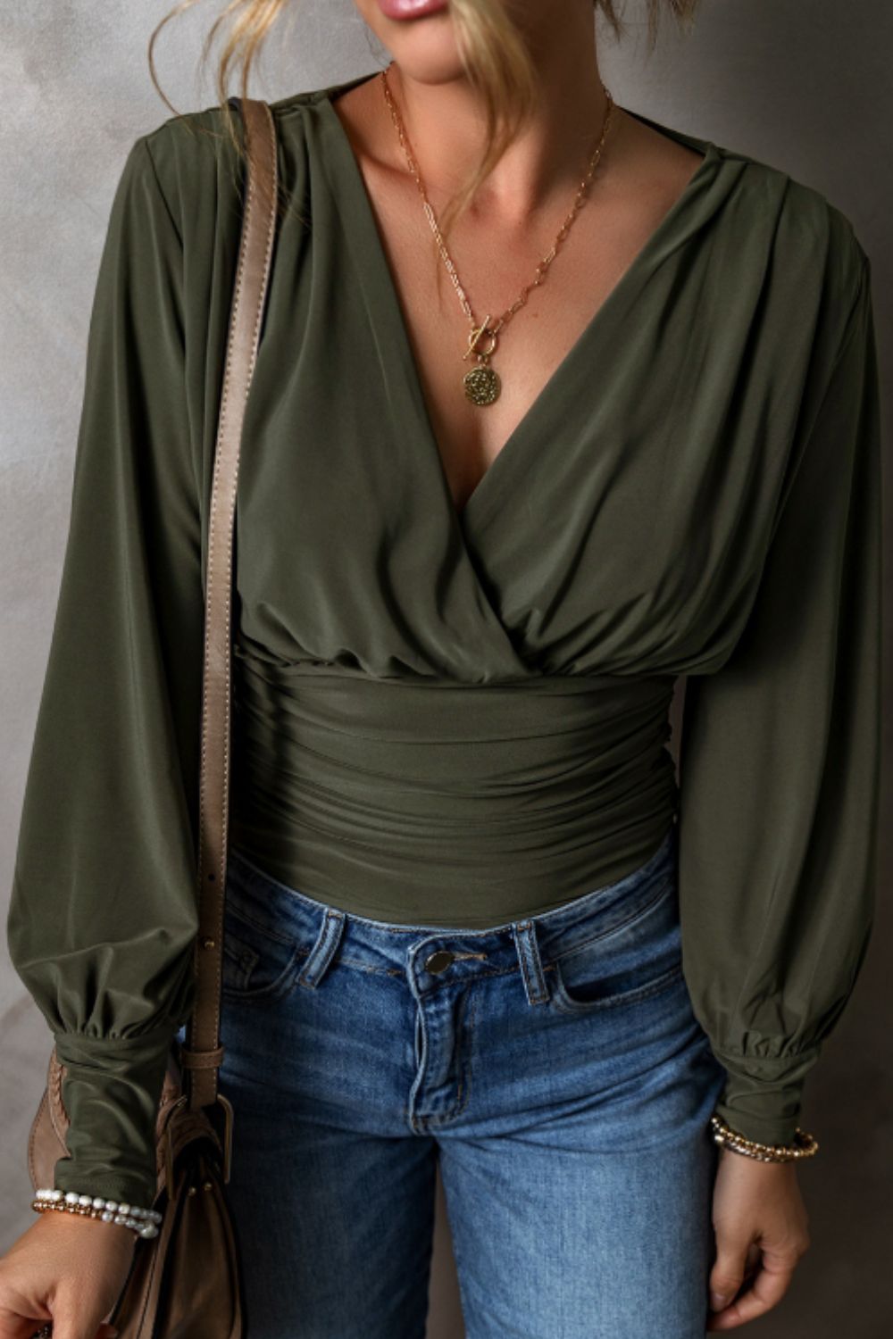 Ruched Surplice Long Sleeve Bodysuit Trandify Deal