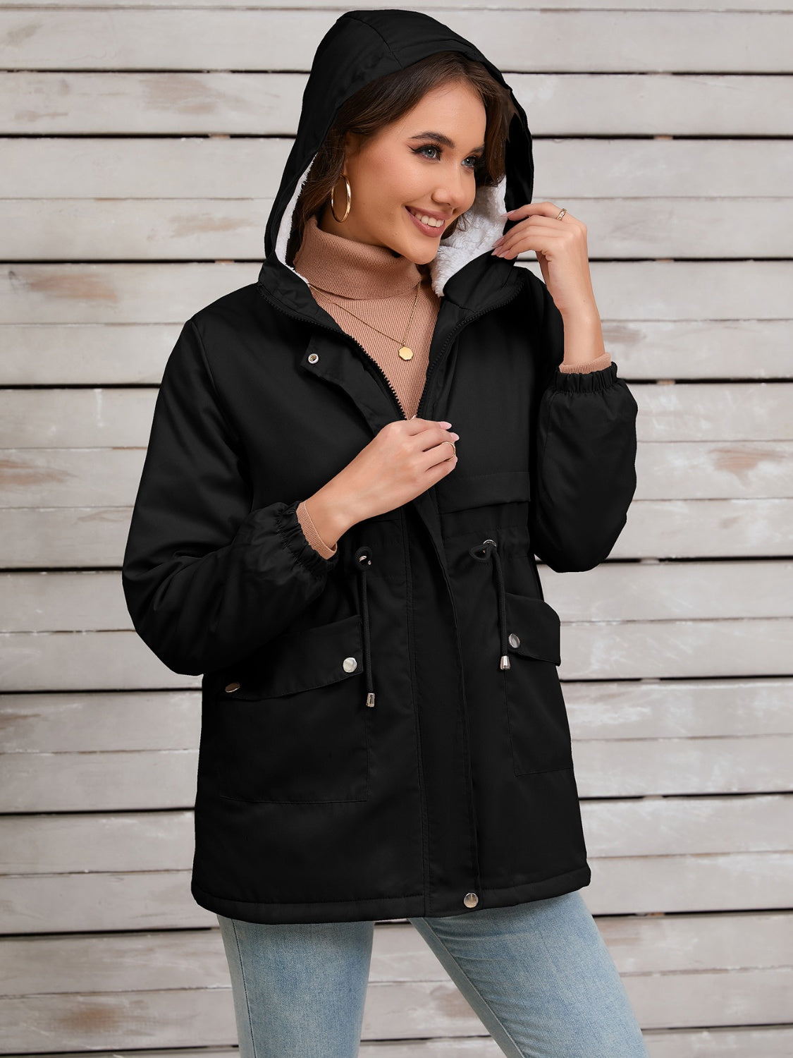 Drawstring Long Sleeve Hooded Jacket Trandify Deal