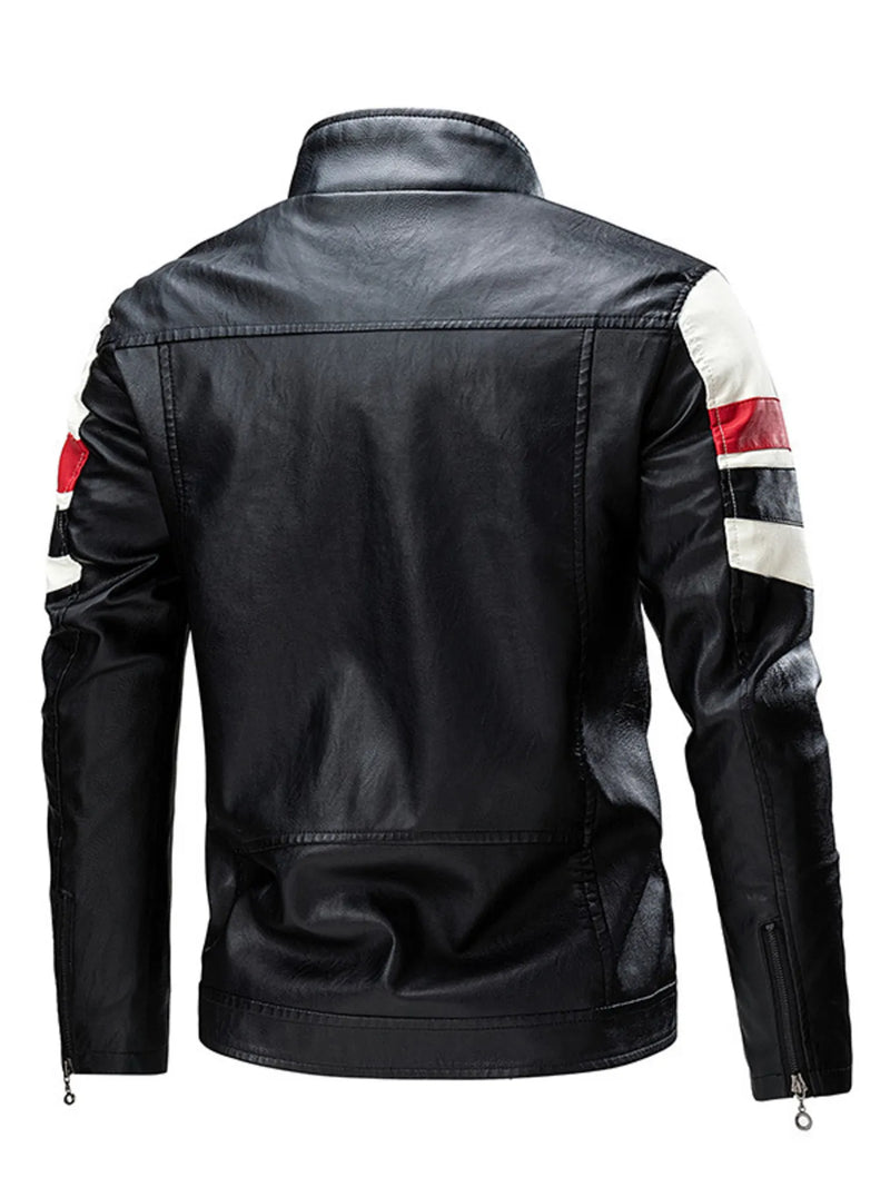 Plus size men's black PU leather biker jacket with white contrast zipper, laid flat