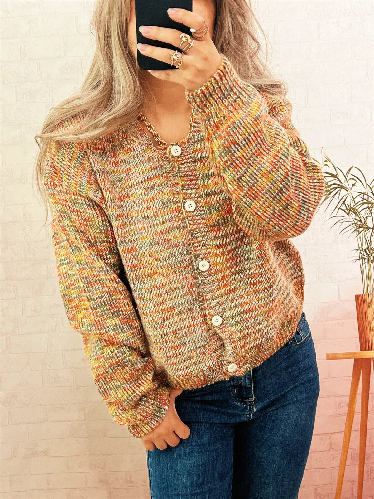 Women's Multi-Color Knit Cardigan - Button Down Long Sleeve Top