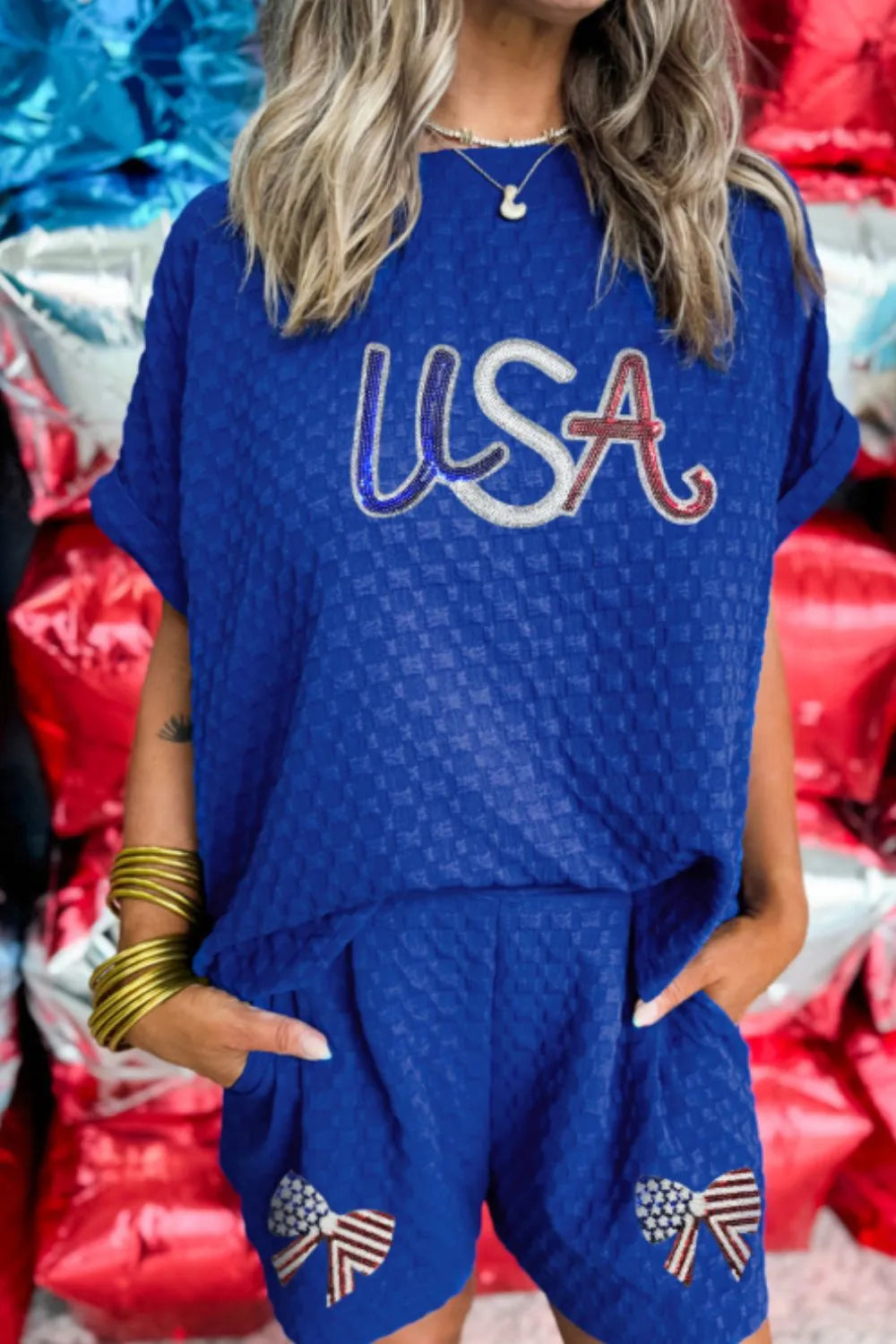 Sequined Top and Shorts Set with USA flag design and bowknot shorts detail, party wear.