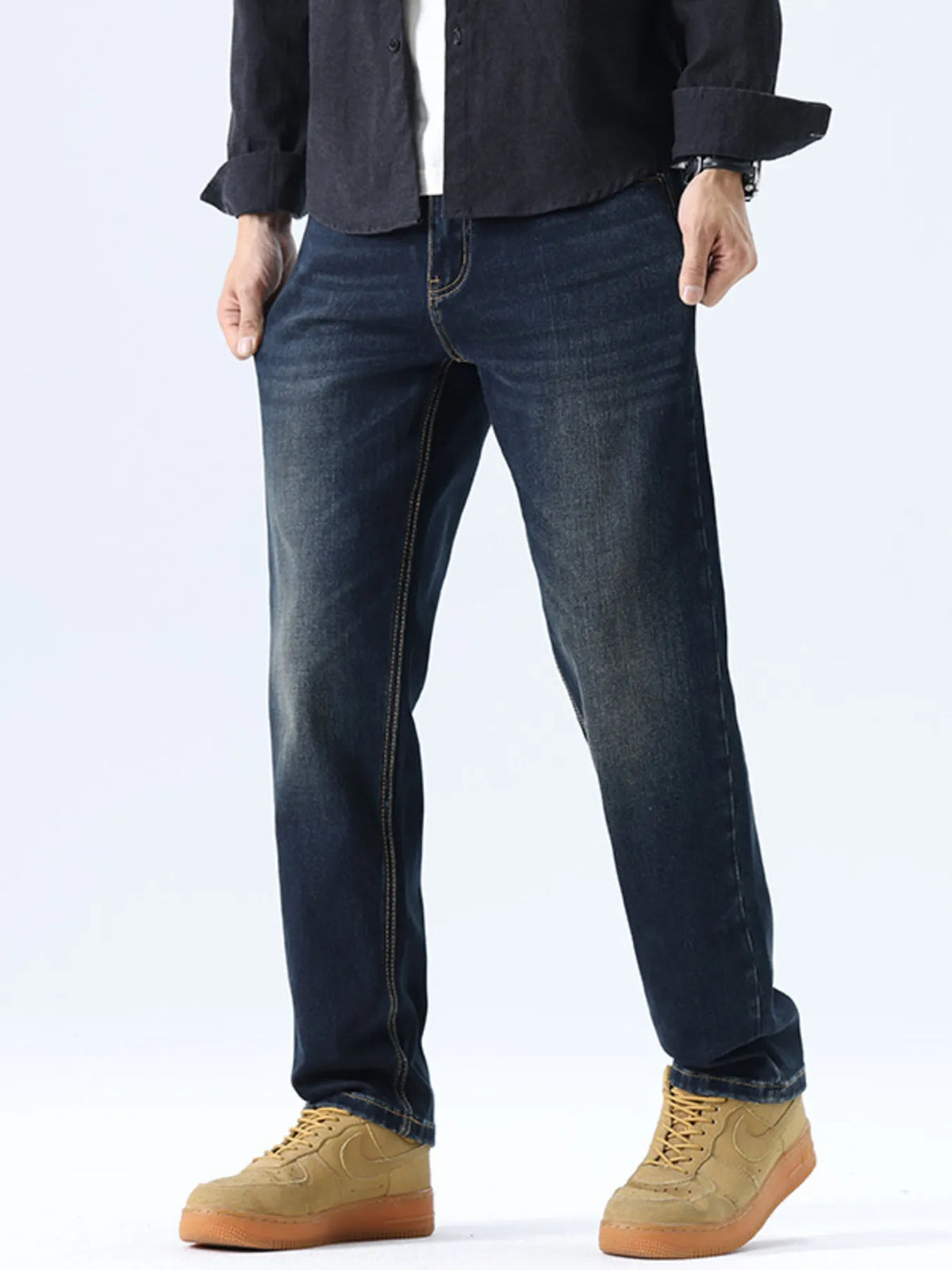 Men's washed blue straight leg jeans, regular fit, stretch denim