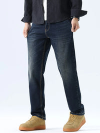 Men's washed blue straight leg jeans, regular fit, stretch denim