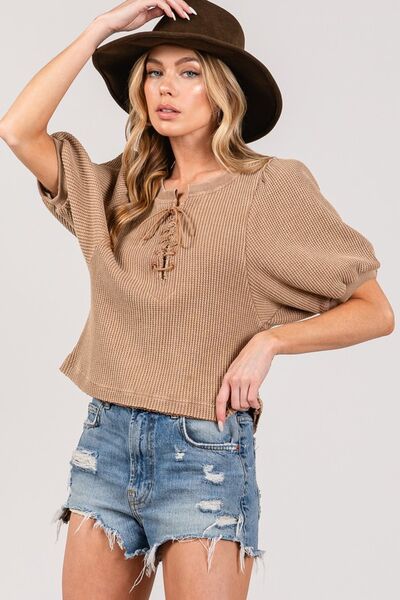 SAGE+FIG women’s lace-up crop top in waffle knit fabric, boho streetwear style, free shipping USA