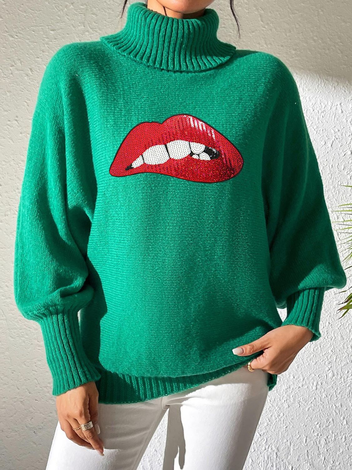 Lip Turtleneck Long Sleeve Sweater Trandify Deal