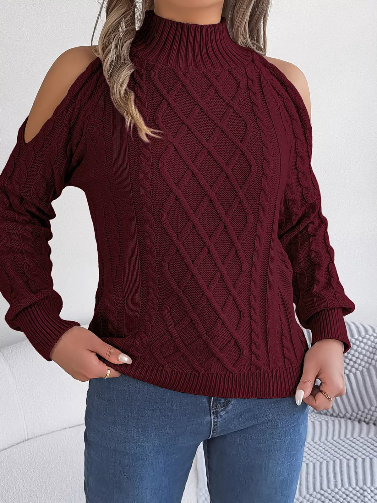Women's Cold Shoulder Sweater | Cable Knit Turtleneck
