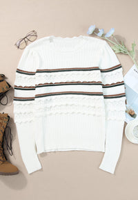 Striped Hollow Out Round Neck Long Sleeve Sweater Trandify Deal