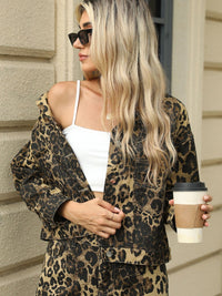 Pocketed Leopard Long Sleeve Denim Jacket Trandify Deal