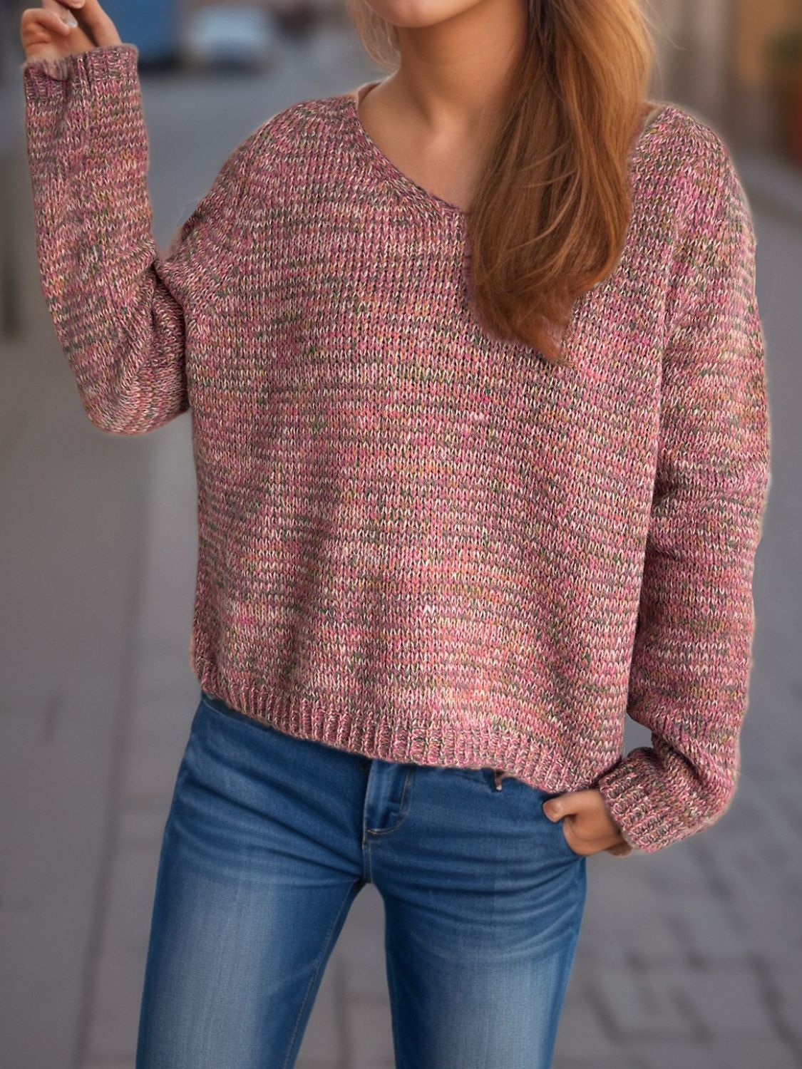 Heathered V-Neck Long Sleeve Sweater Trandify Deal