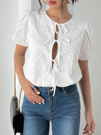 Perfee Tied Eyelet Short Sleeve Bodysuit Trandify Deal