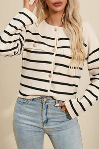 Striped Button Up Round Neck Cardigan Trandify Deal