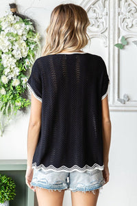 First Love Contrast Wavy Crochet Drop Shoulder Knit Top Trandify Deal