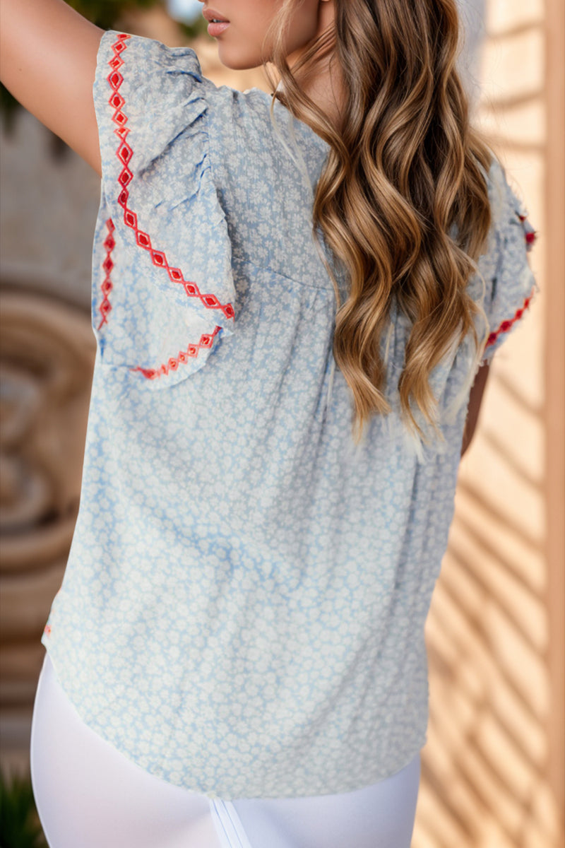 Embroidered Round Neck Cap Sleeve Blouse - Trandify Deal