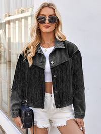 Tassel Button Up Dropped Shoulder Denim Jacket Trandify deal