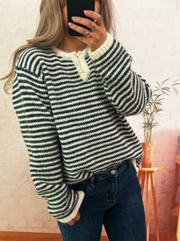 Women's Striped Button Sweater - Long Sleeve Knit Top