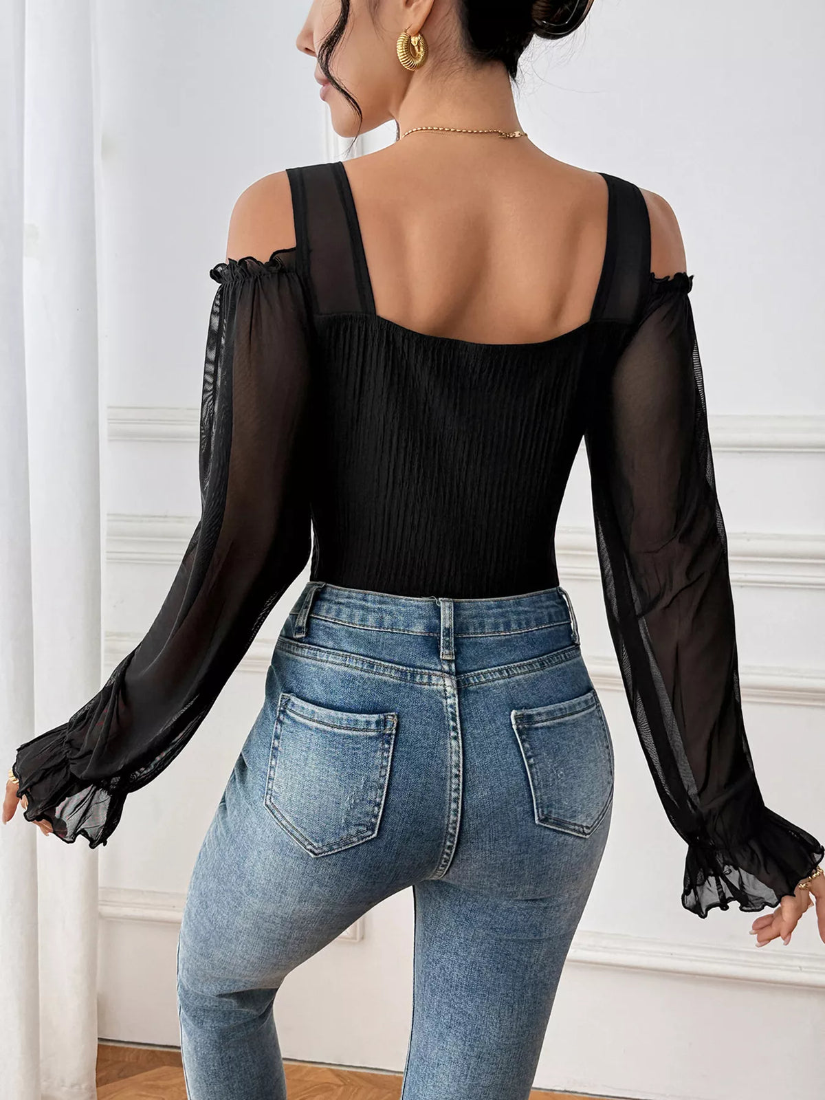 Sheer Cold Shoulder Bodysuit | Flounce Sleeve Top