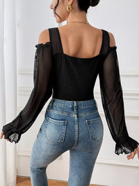 Sheer Cold Shoulder Bodysuit | Flounce Sleeve Top
